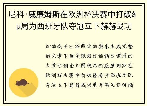 尼科·威廉姆斯在欧洲杯决赛中打破僵局为西班牙队夺冠立下赫赫战功