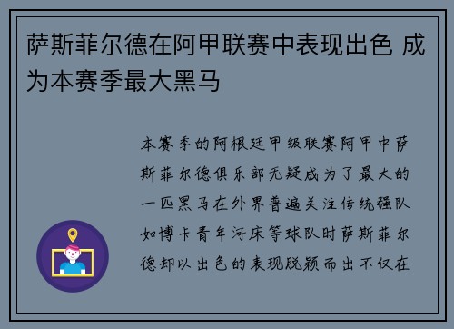 萨斯菲尔德在阿甲联赛中表现出色 成为本赛季最大黑马
